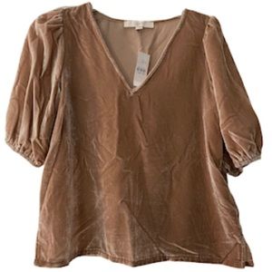 LOFT Puff Sleeve Velvet Top, V-Neck Beige, Small